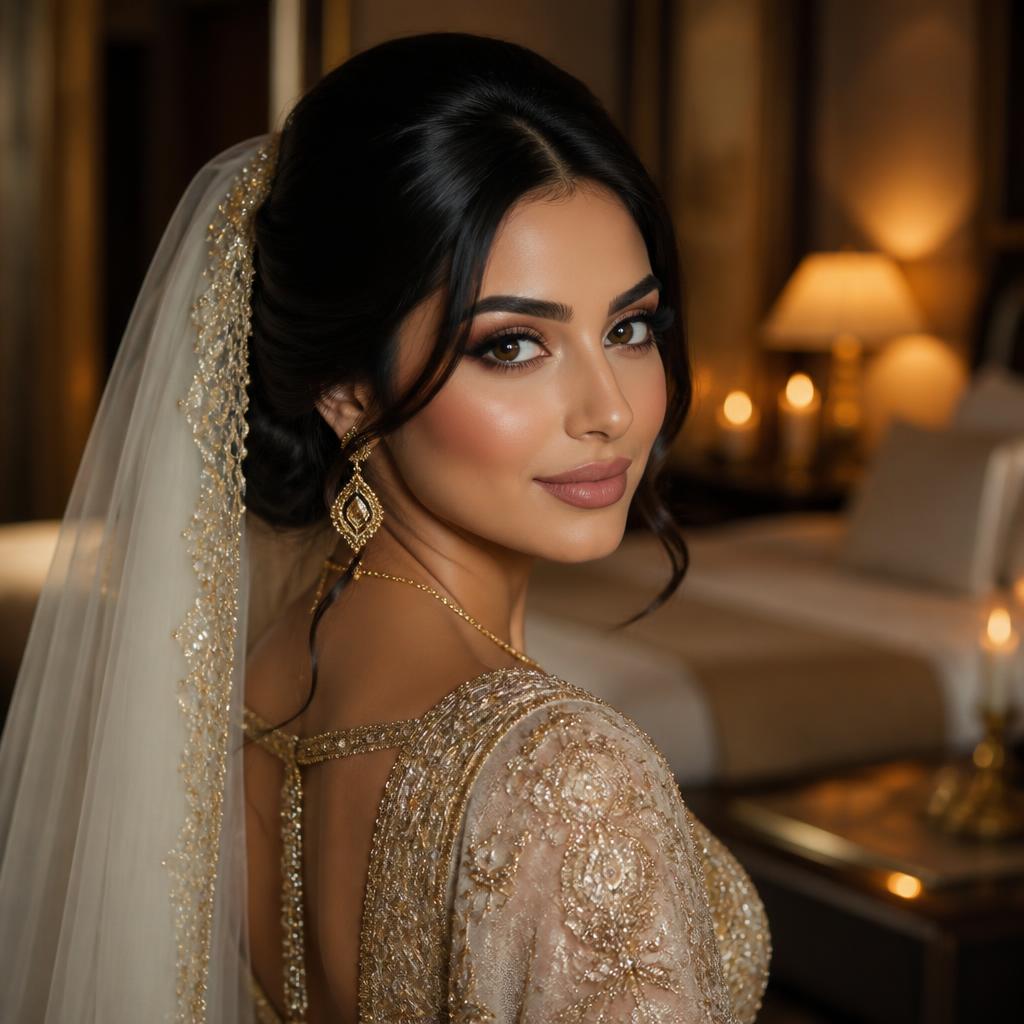 Bride with soft glam makeup and an elegant updo in a candlelit Dubai suite