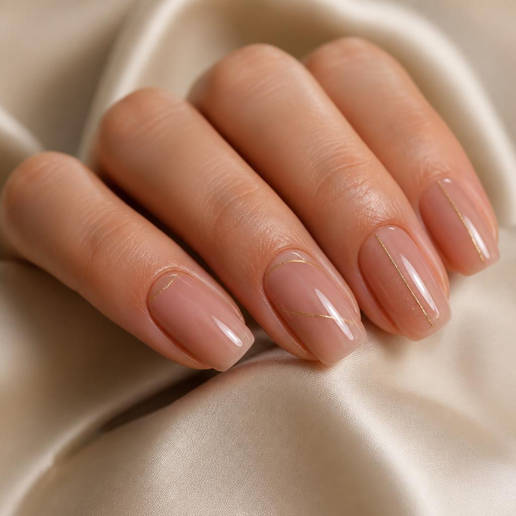 Glossy nude gel manicure with a fine gold line on cream silk