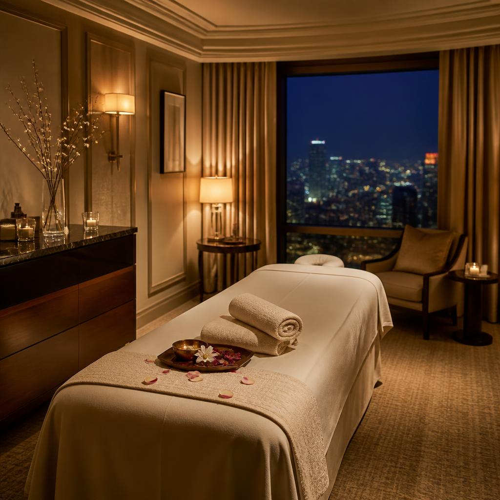 Massage table dressed in cream linen in a luxury Dubai hotel suite at night