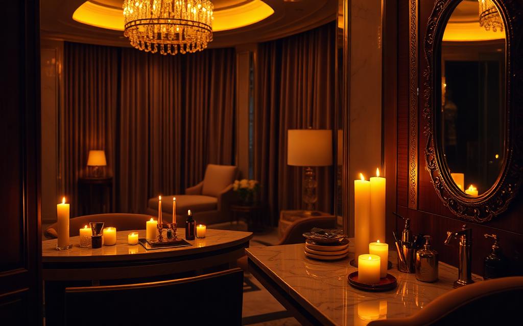 Candlelit luxury suite prepared for a VIP Beauty Services treatment