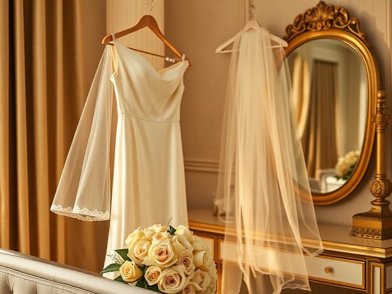 Bridal dressing room prepared with gown and veil