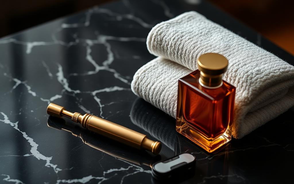 Executive men's grooming tools laid out on dark marble