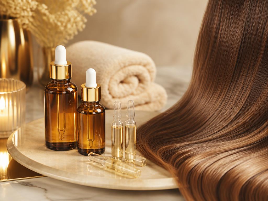 Luxury hair treatment bottles on cream silk