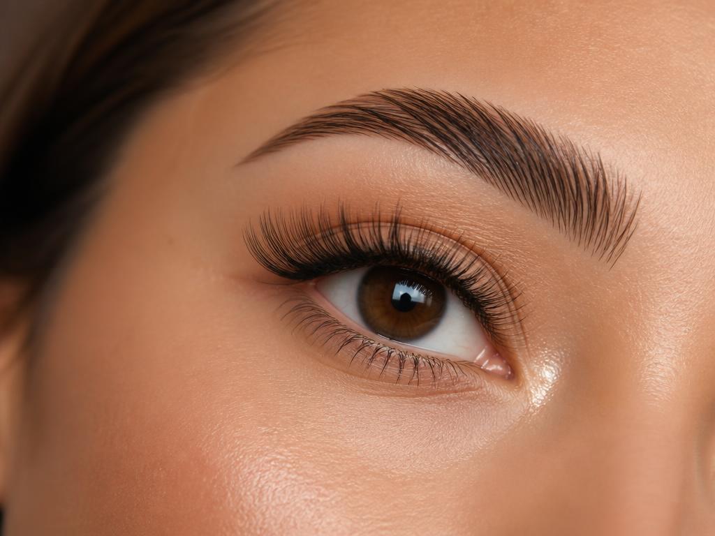 Close-up of a volume eyelash extension set with groomed brow
