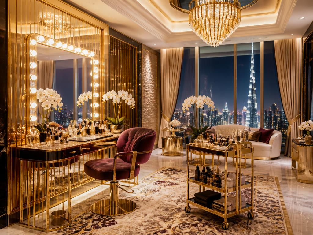 Gold-accented penthouse vanity prepared for a VVIP beauty team
