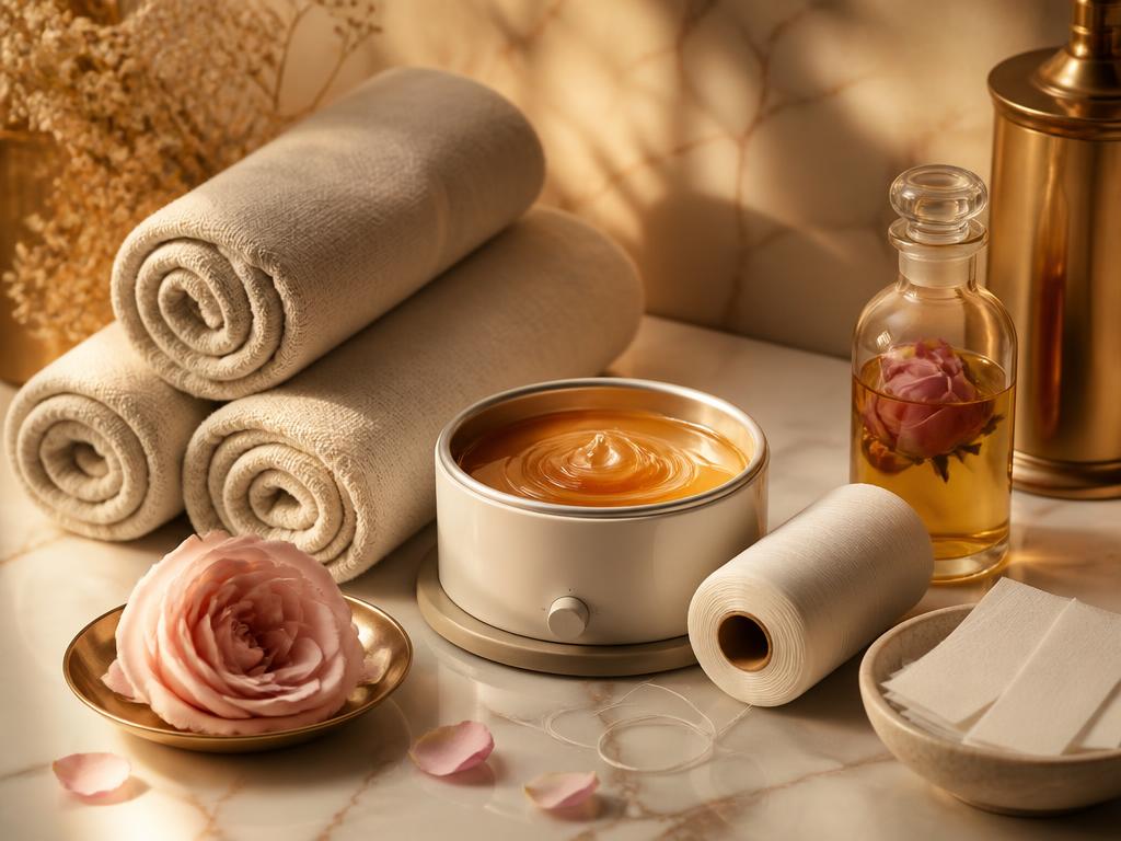 Spa waxing essentials arranged on cream linen