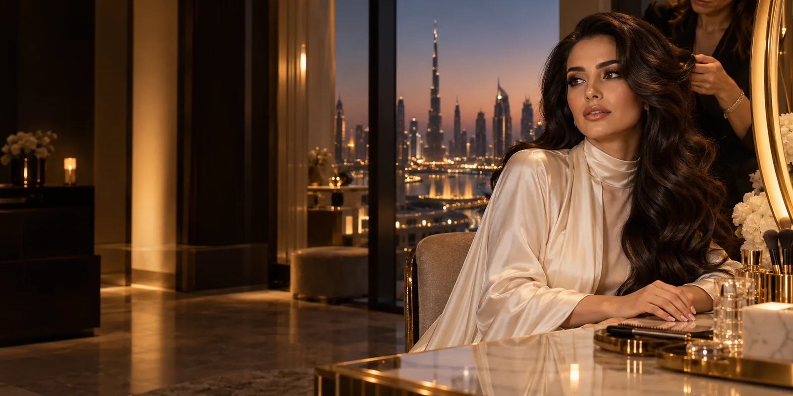 Illustrative image: a woman in an ivory silk top having her hair styled in a Dubai suite overlooking the evening skyline
